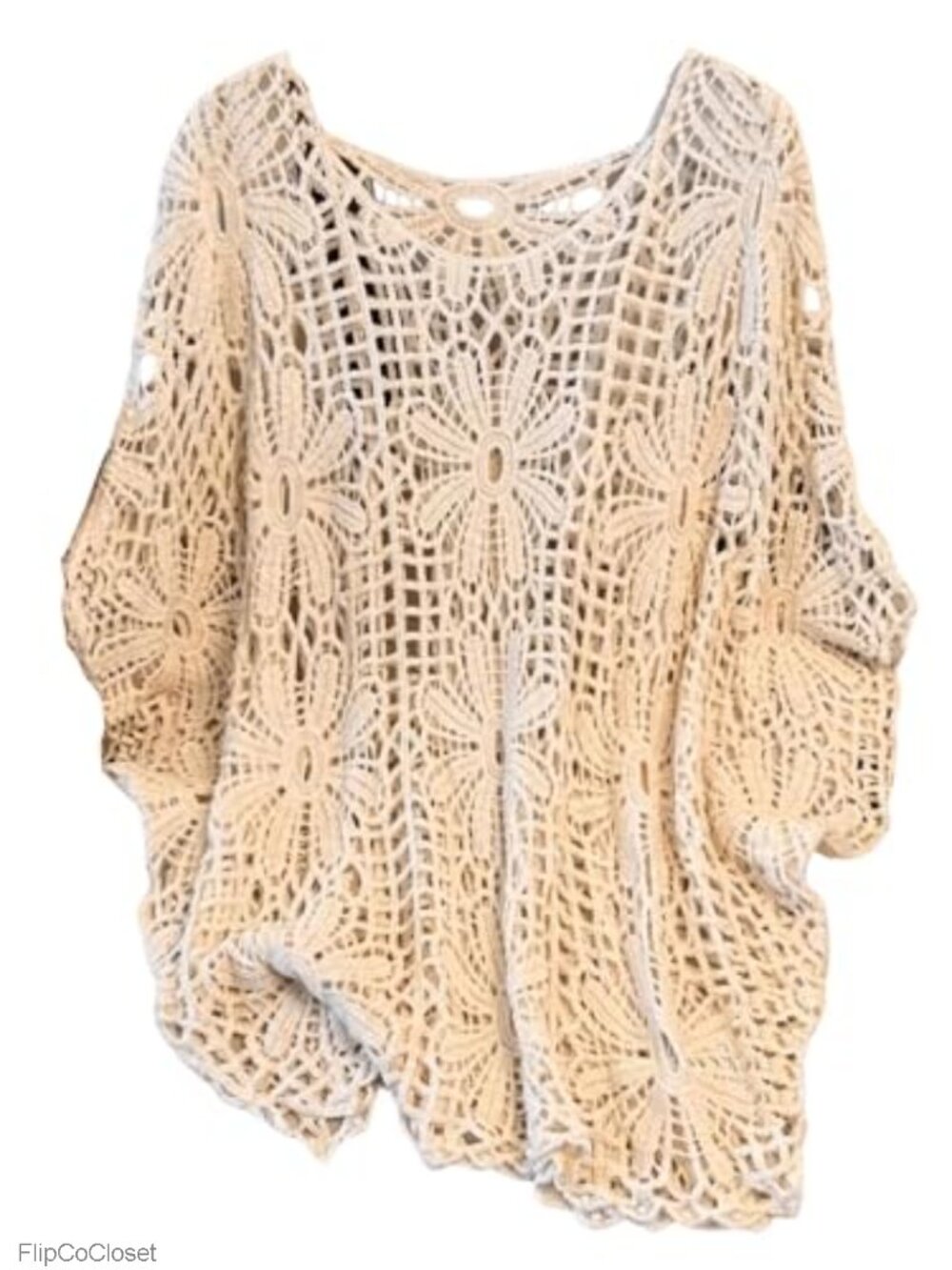 Women's Plus Size Crochet Cover Up Boho Dolman 3/4 Sleeve Beach Vacation Top